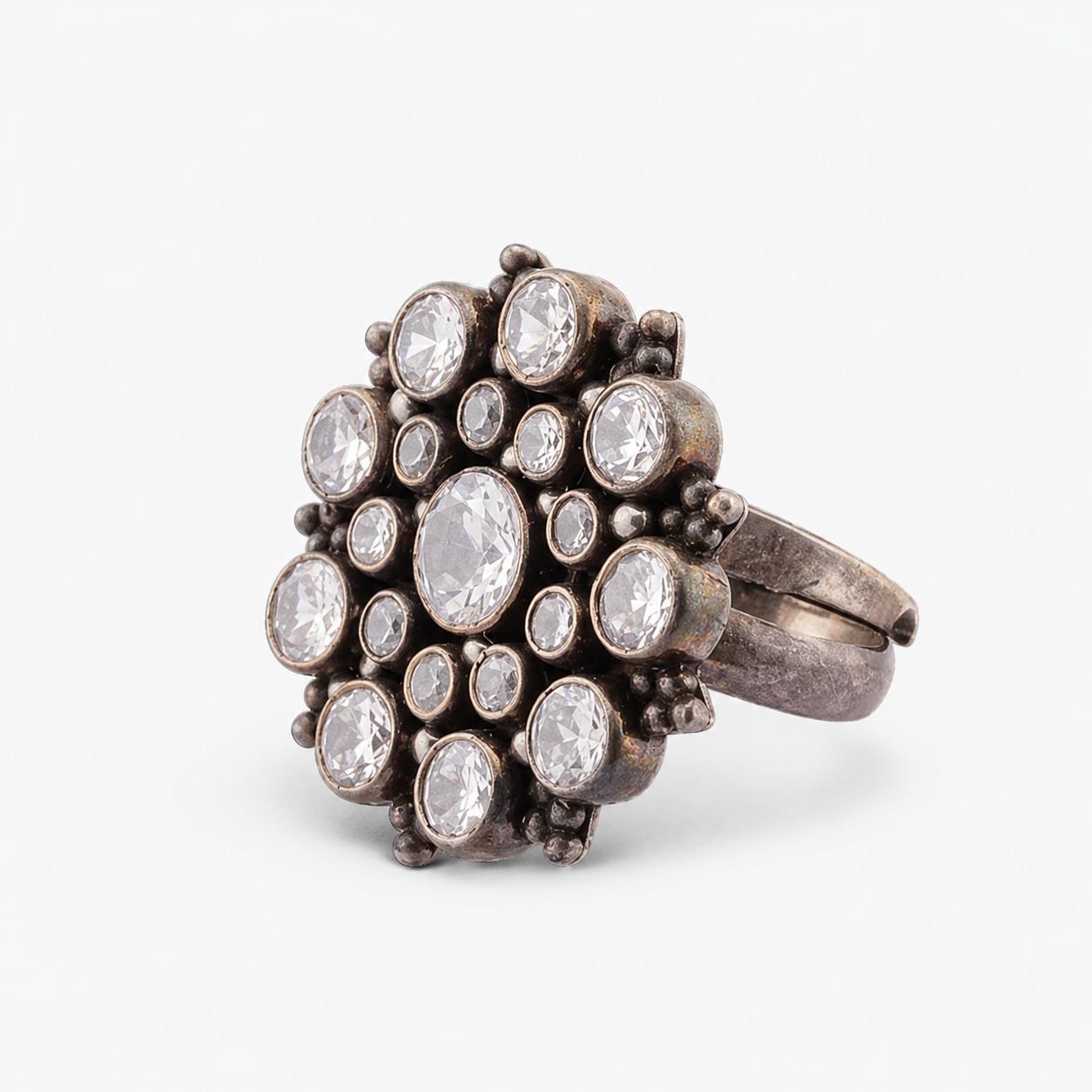 Vintage Oxidised Silver Statement Ring with Crystal Stones