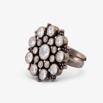 Vintage Oxidised Silver Statement Ring with Crystal Stones