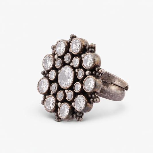 Vintage Oxidised Silver Statement Ring with Crystal Stones
