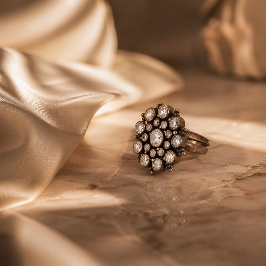 Vintage Oxidised Silver Statement Ring with Crystal Stones