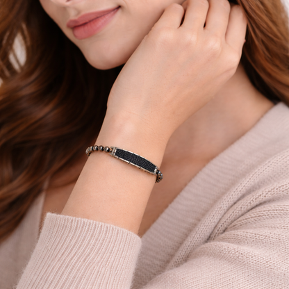 Silver Black Crystal Bar Beaded Bracelet for Women | Elegant 925 Silver Minimal Design