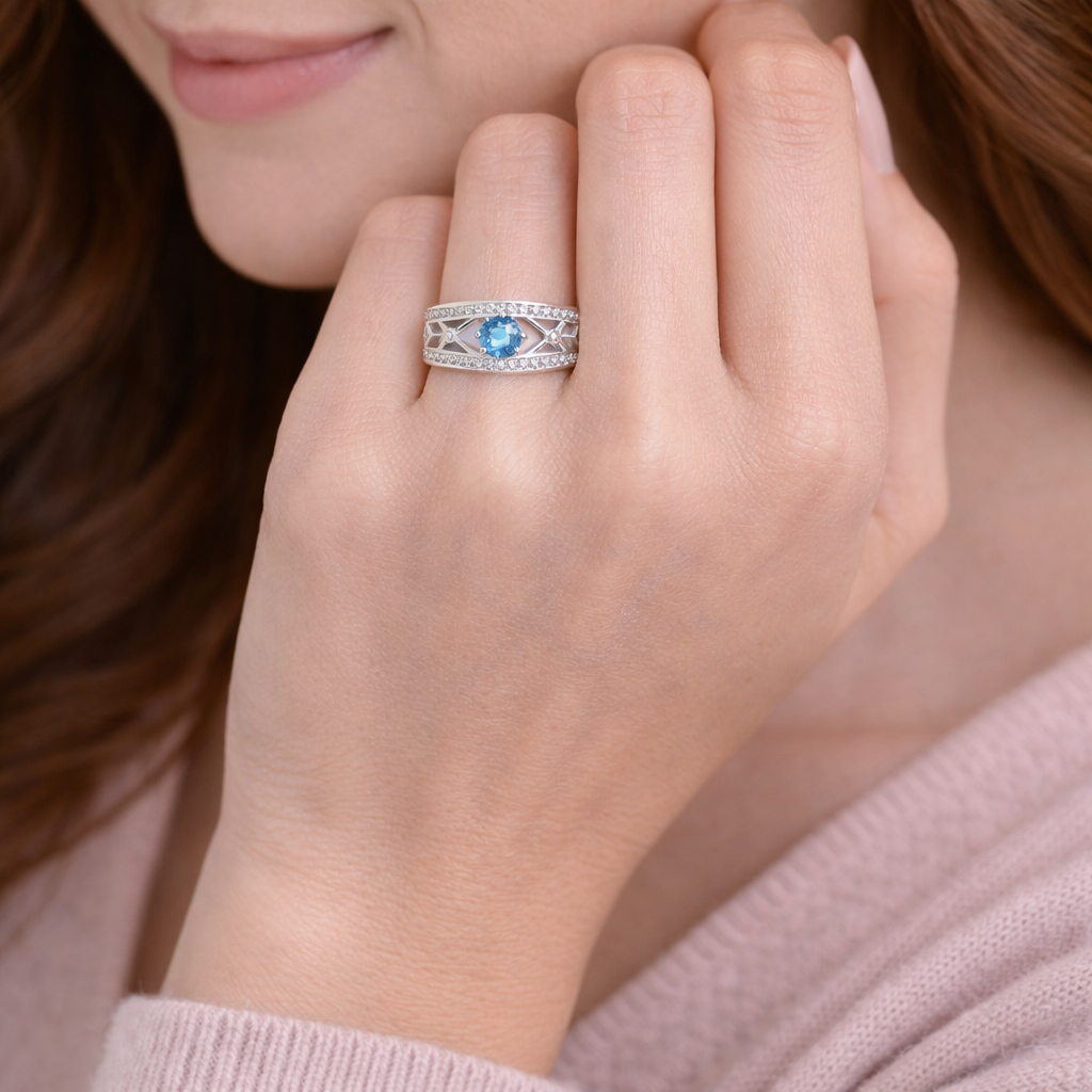 Silver Blue Stone Designer Band Ring for Women | Elegant 925 Silver Ring with Zircon Accents