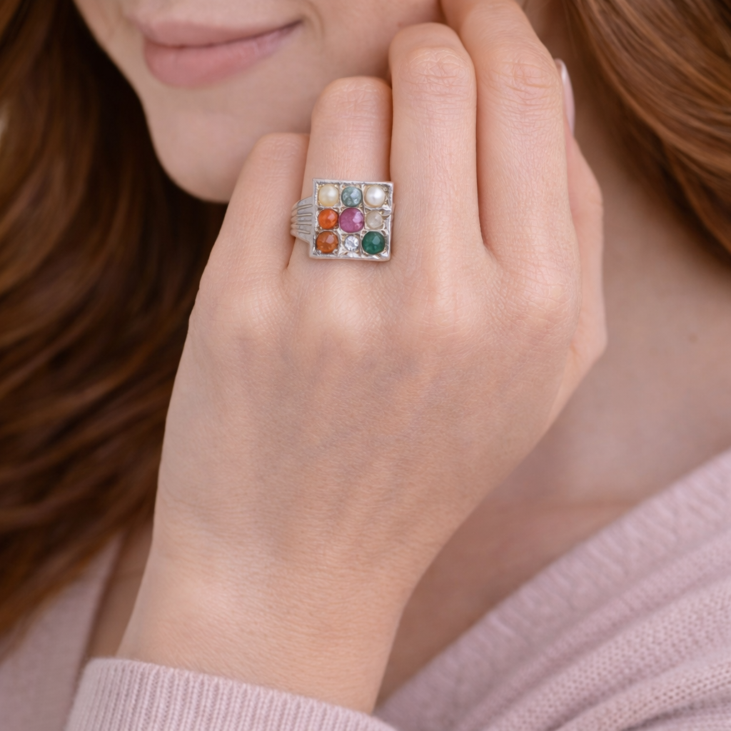 Silver Navratna Square Ring for Women | Traditional 925 Silver Ring with Nine Gemstones