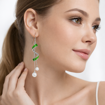 Green Enamel & Pearl Spiral Drop Earrings in Sterling Silver