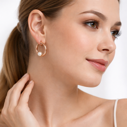 Chandrika Tales Rose Gold Pearl Open Hoop Earrings in Sterling Silver