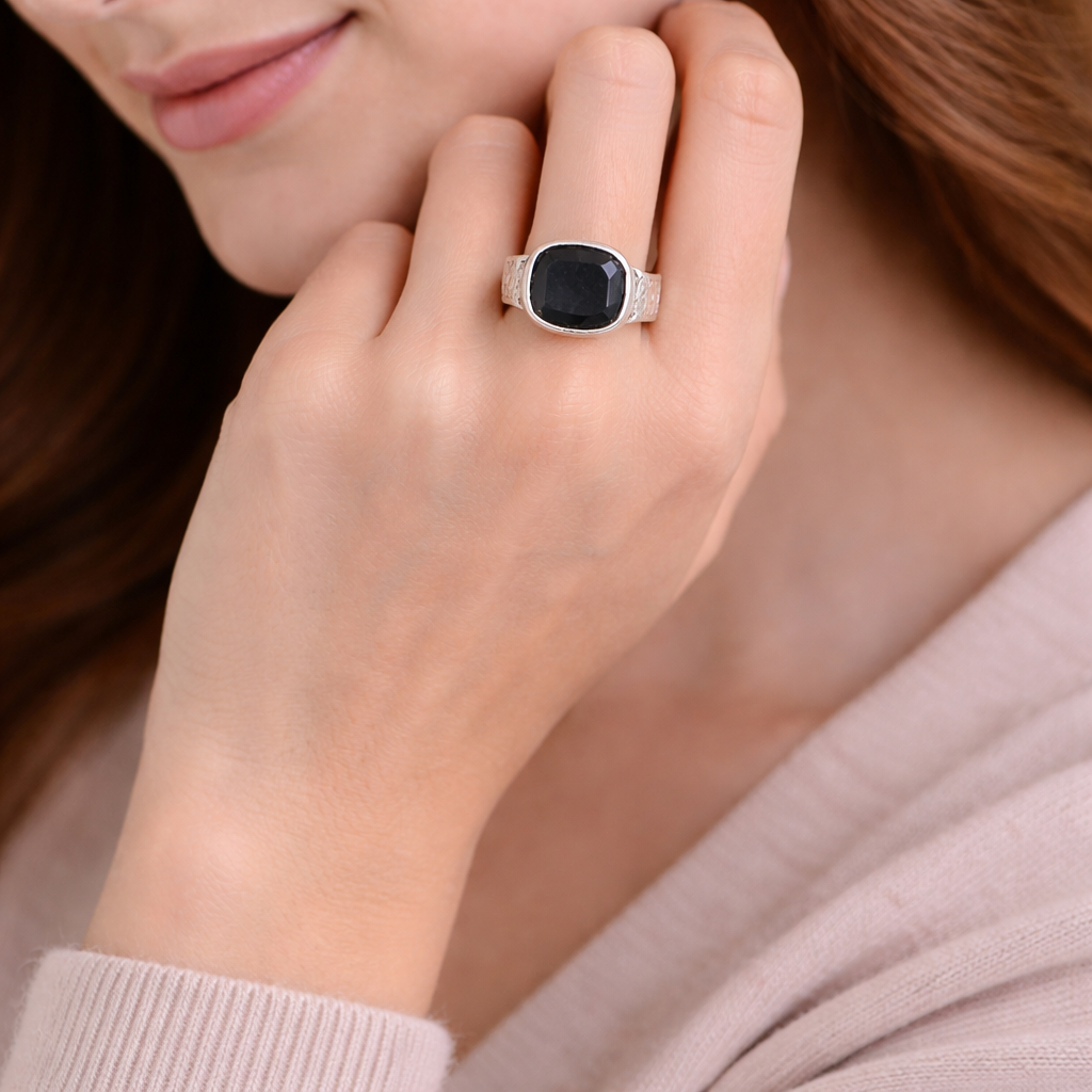 Silver Black Onyx Statement Ring for Women | Classic Cushion-Cut Stone in 925 Silver