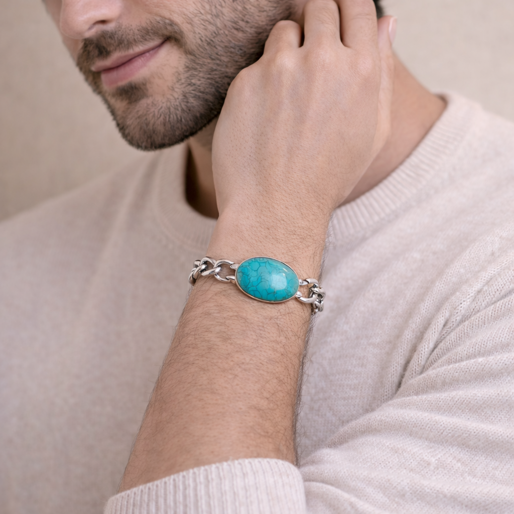 Silver Turquoise Oval Stone Bracelet for men | Classic 925 Silver Chain with Natural Stone Look