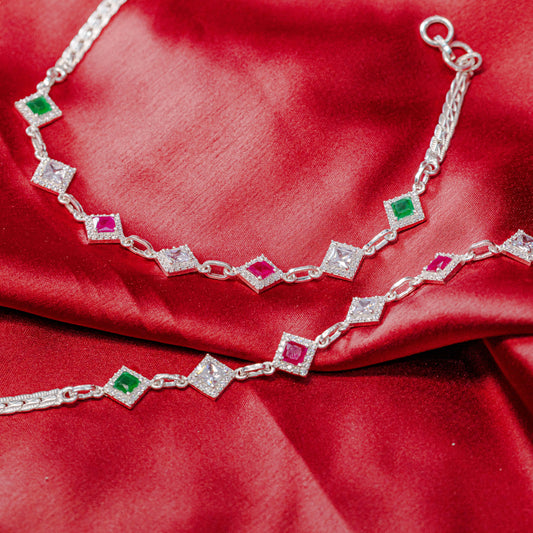 Radiant Square Halo Silver Anklet