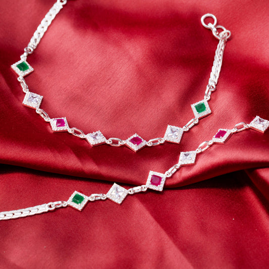Radiant Square Halo Silver Anklet