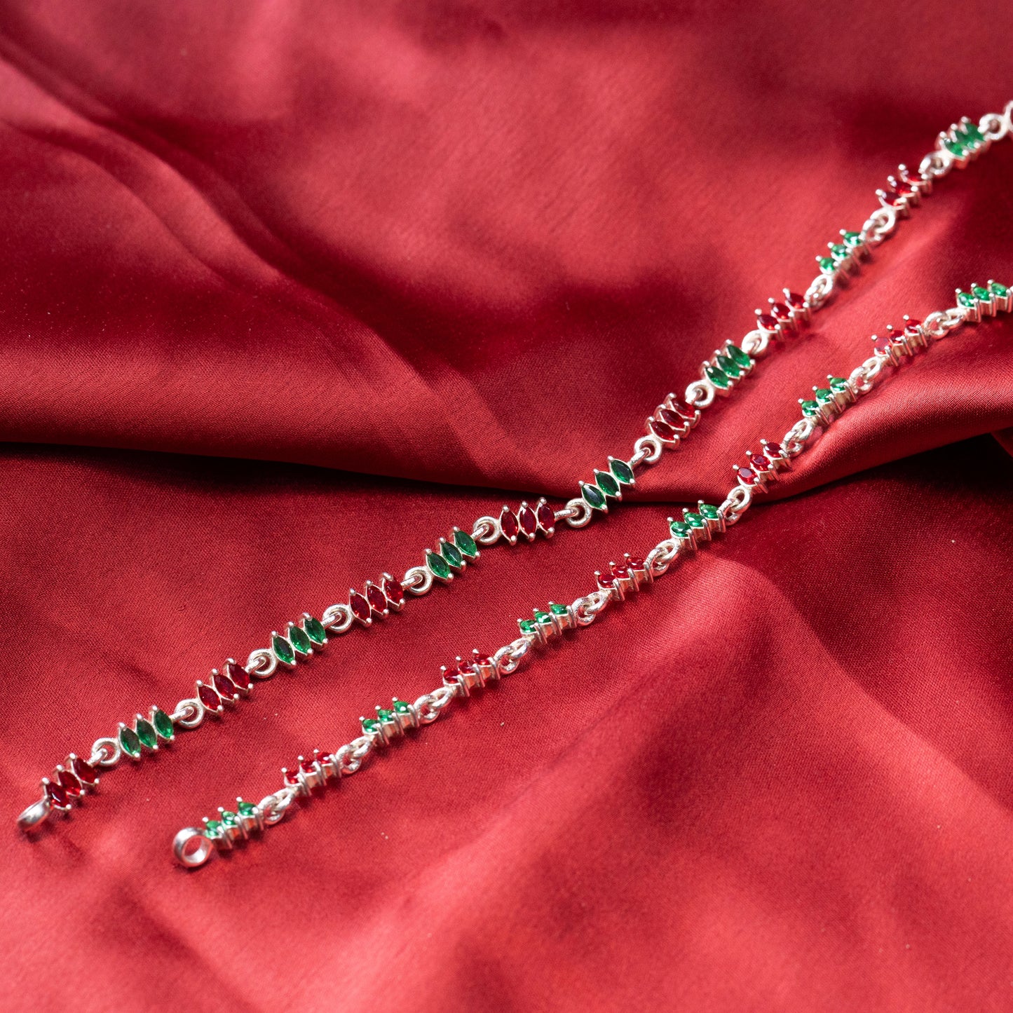 Ruby Emerald Alternating Stone Silver Anklet