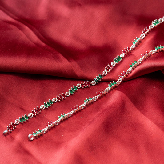 Ruby Emerald Alternating Stone Silver Anklet
