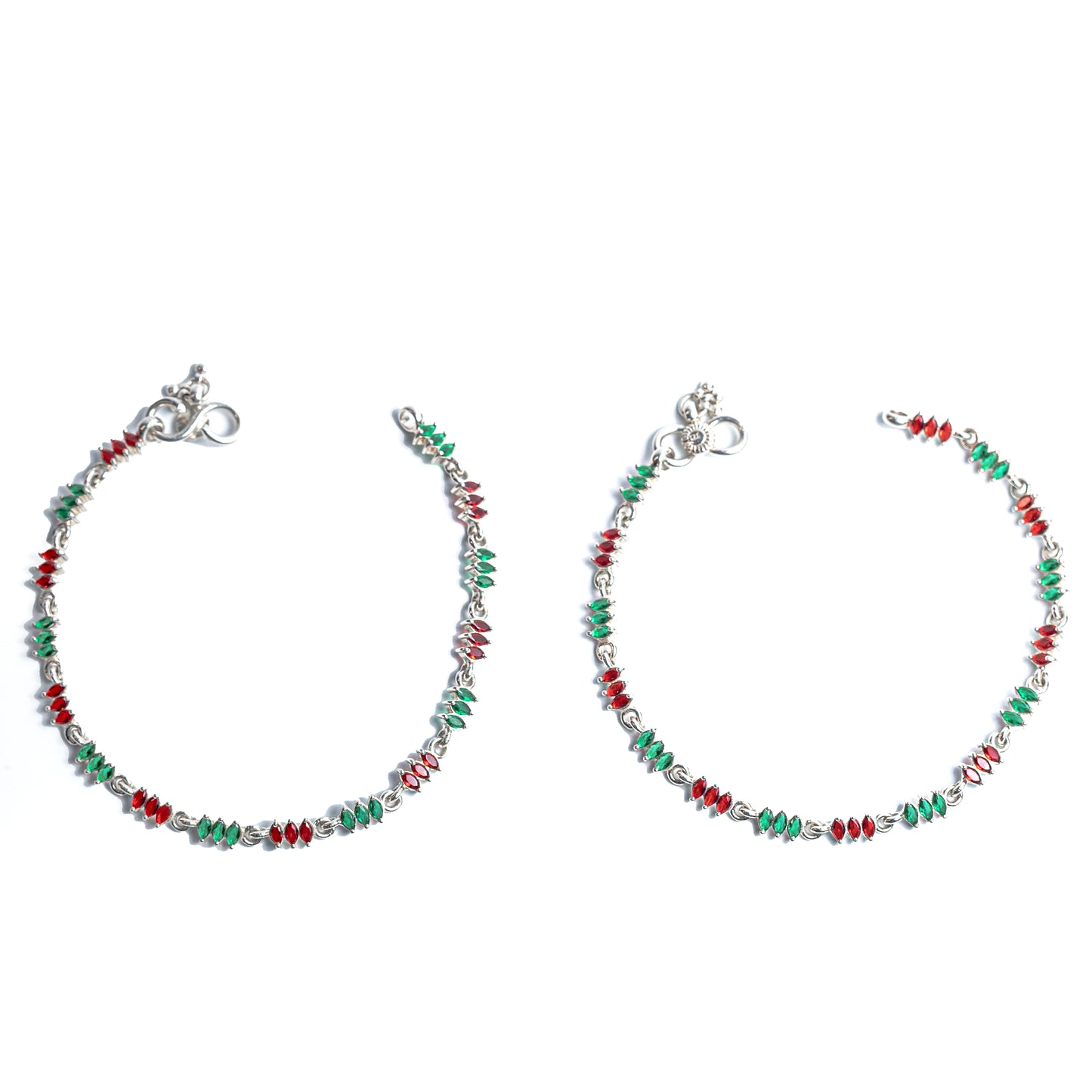Ruby Emerald Alternating Stone Silver Anklet