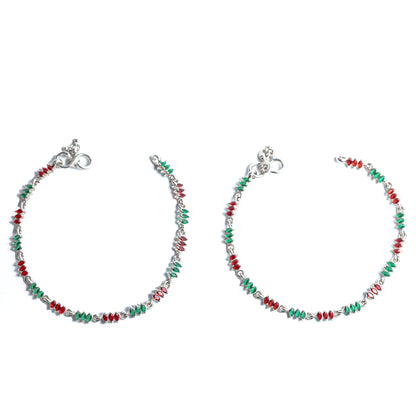 Ruby Emerald Alternating Stone Silver Anklet