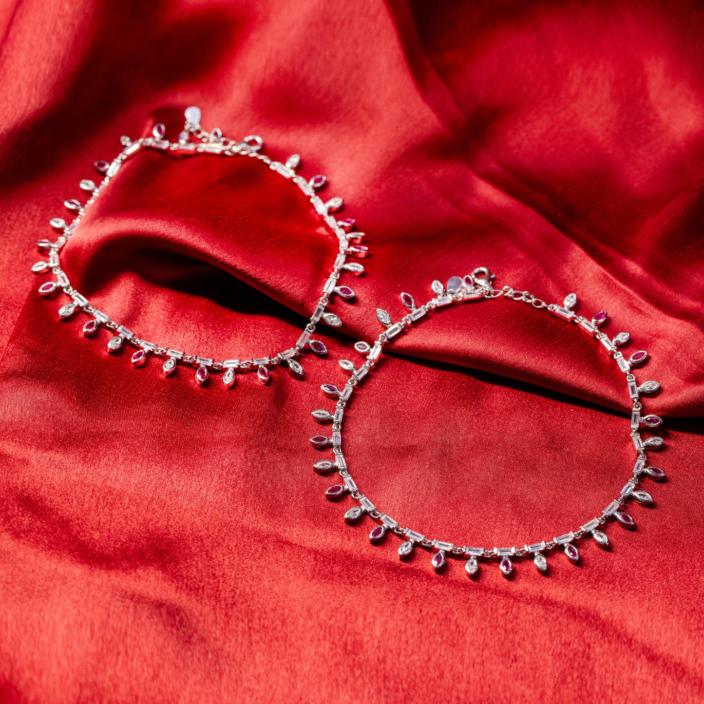 Ruby Glow Teardrop Silver Anklet