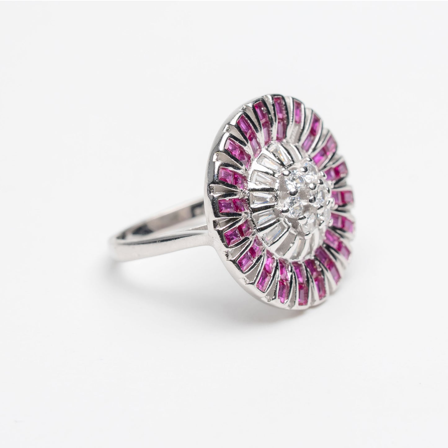 Radiant Pink Halo Silver Statement Ring for Women