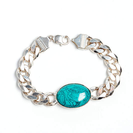Silver Turquoise Oval Stone Bracelet for men | Classic 925 Silver Chain with Natural Stone Look