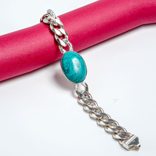 Silver Turquoise Oval Stone Bracelet for men | Classic 925 Silver Chain with Natural Stone Look