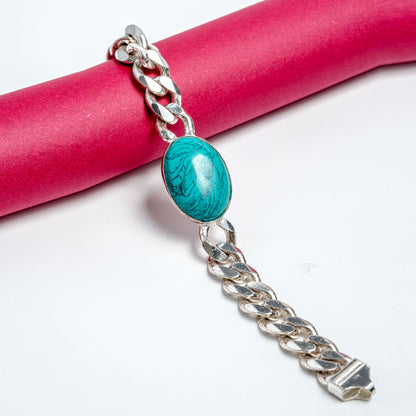 Silver Turquoise Oval Stone Bracelet for men | Classic 925 Silver Chain with Natural Stone Look