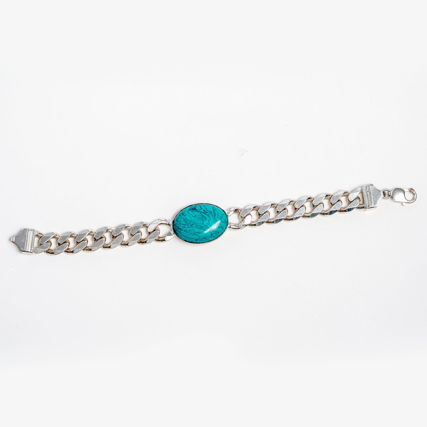 Silver Turquoise Oval Stone Bracelet for men | Classic 925 Silver Chain with Natural Stone Look