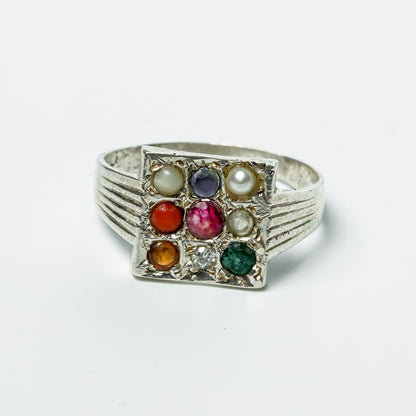 Silver Navratna Square Ring for Women | Traditional 925 Silver Ring with Nine Gemstones