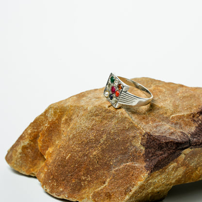 Silver Navratna Square Ring for Women | Traditional 925 Silver Ring with Nine Gemstones