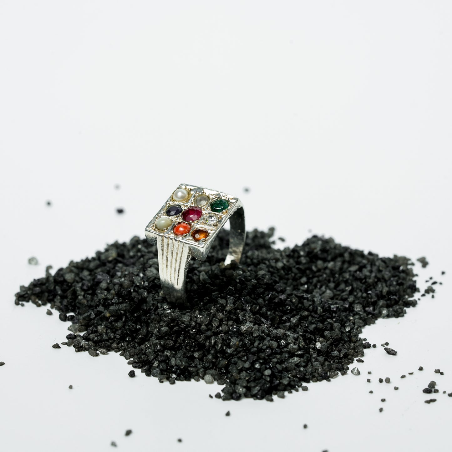 Silver Navratna Square Ring for Women | Traditional 925 Silver Ring with Nine Gemstones