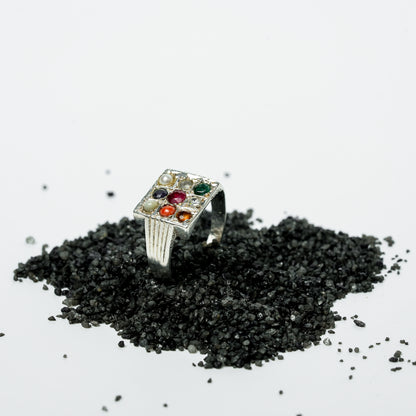 Silver Navratna Square Ring for Women | Traditional 925 Silver Ring with Nine Gemstones