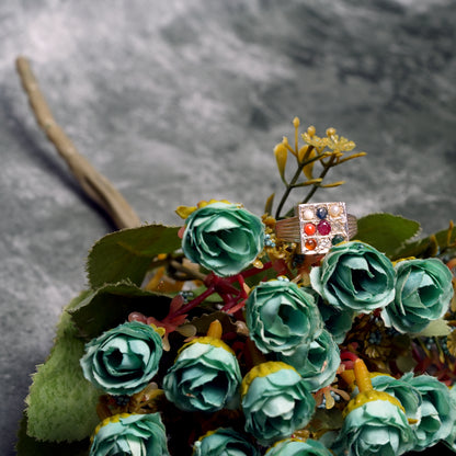 Silver Navratna Square Ring for Women | Traditional 925 Silver Ring with Nine Gemstones