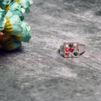 Silver Navratna Square Ring for Women | Traditional 925 Silver Ring with Nine Gemstones