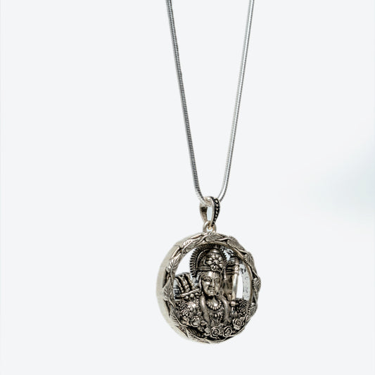 Divine Silver Lord Vishnu Pendant Necklace for Men & Women | Sacred Circular Motif with Link Chain