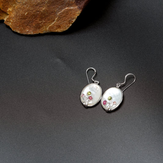 Mother-of-Pearl & Multicolor Gemstone Drop Earrings in Sterling Silver