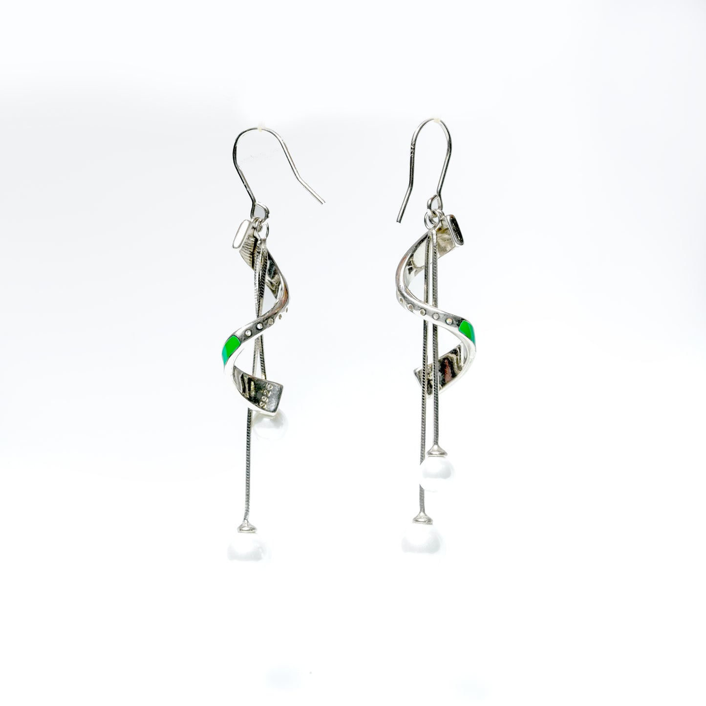 Green Enamel & Pearl Spiral Drop Earrings in Sterling Silver