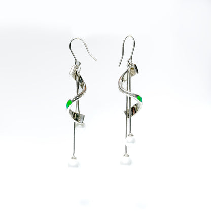 Green Enamel & Pearl Spiral Drop Earrings in Sterling Silver