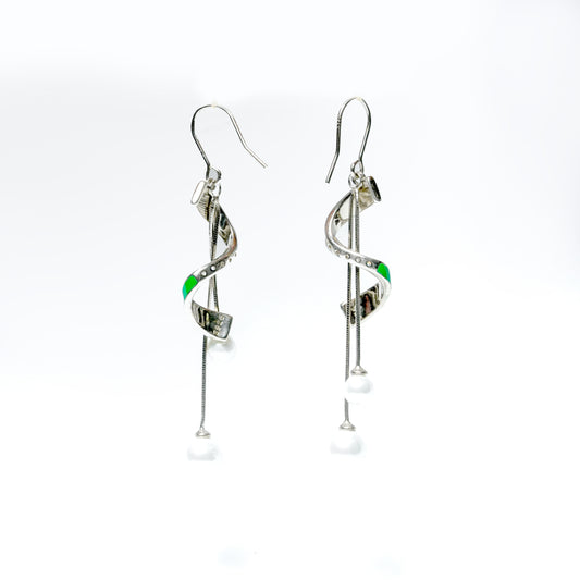 Green Enamel & Pearl Spiral Drop Earrings in Sterling Silver