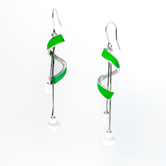 Green Enamel & Pearl Spiral Drop Earrings in Sterling Silver