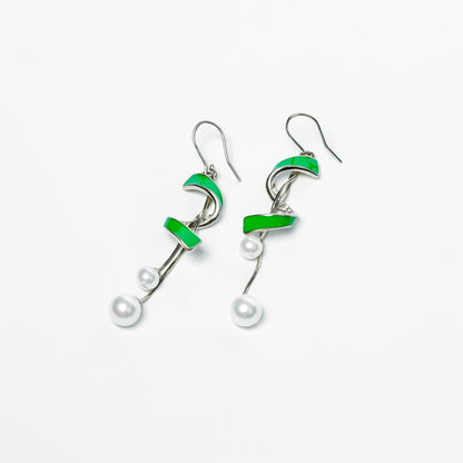 Green Enamel & Pearl Spiral Drop Earrings in Sterling Silver