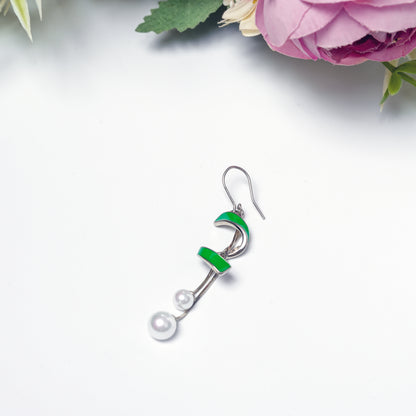 Green Enamel & Pearl Spiral Drop Earrings in Sterling Silver
