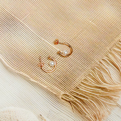 Chandrika Tales Rose Gold Pearl Open Hoop Earrings in Sterling Silver