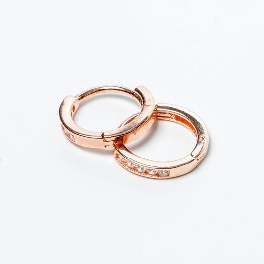 Rose Gold CZ Huggie Hoop Earrings in Sterling Silver
