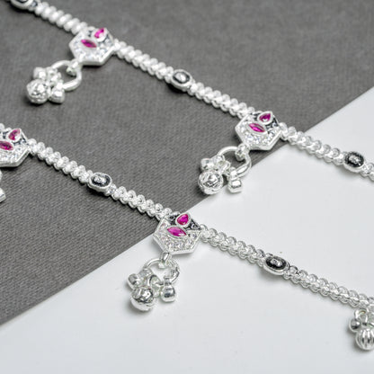 Heritage Bloom: Traditional Silver-Toned Payal with Pink Gemstone Accents