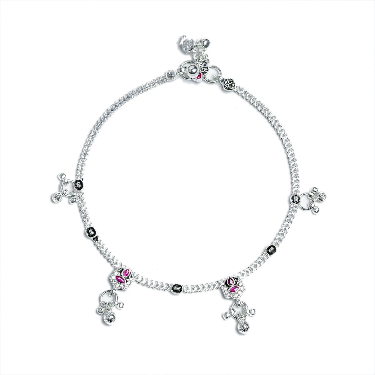 Heritage Bloom: Traditional Silver-Toned Payal with Pink Gemstone Accents