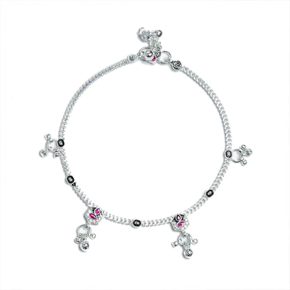 Heritage Bloom: Traditional Silver-Toned Payal with Pink Gemstone Accents