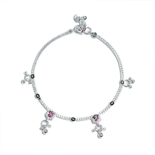 Heritage Bloom: Traditional Silver-Toned Payal with Pink Gemstone Accents