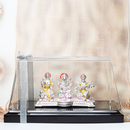 Lakshmi Ganesh Saraswati Idol Set with Acrylic Display Case