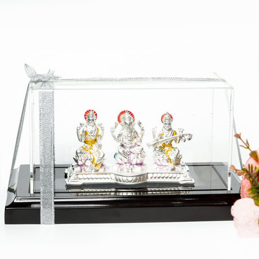 Lakshmi Ganesh Saraswati Idol Set with Acrylic Display Case