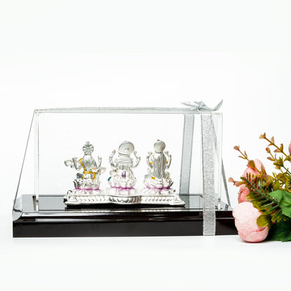 Lakshmi Ganesh Saraswati Idol Set with Acrylic Display Case