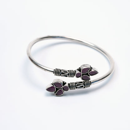 Floral Purple Stone Silver Bangle – 925 Sterling Silver Open Bracelet