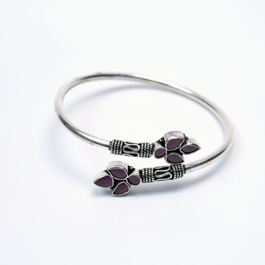 Floral Purple Stone Silver Bangle – 925 Sterling Silver Open Bracelet