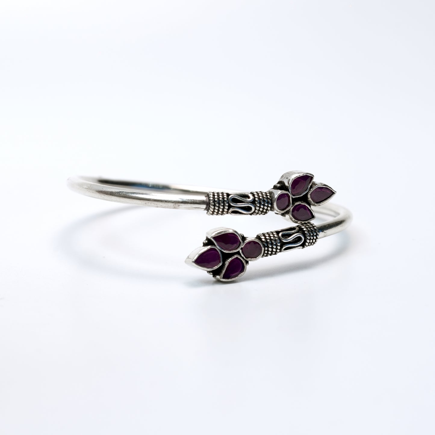Floral Purple Stone Silver Bangle – 925 Sterling Silver Open Bracelet