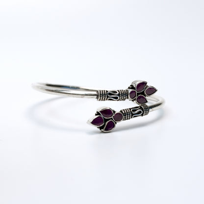 Floral Purple Stone Silver Bangle – 925 Sterling Silver Open Bracelet